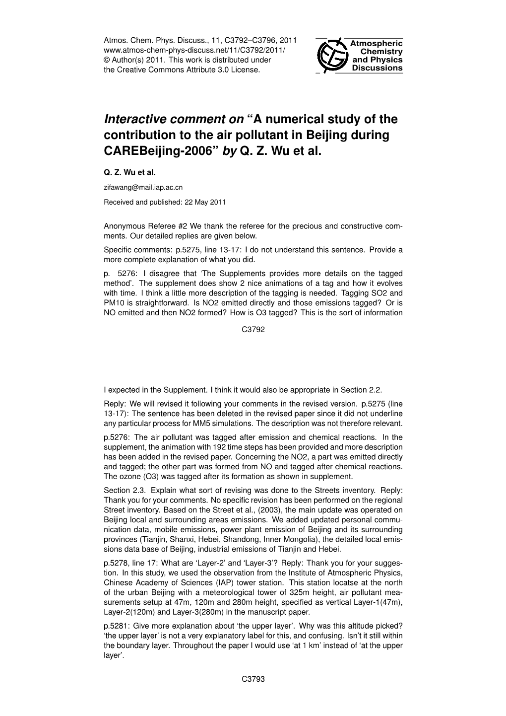 A Numerical Study of the Contribution to the Air Pollutant in Beijing During Carebeijing-2006” by Q