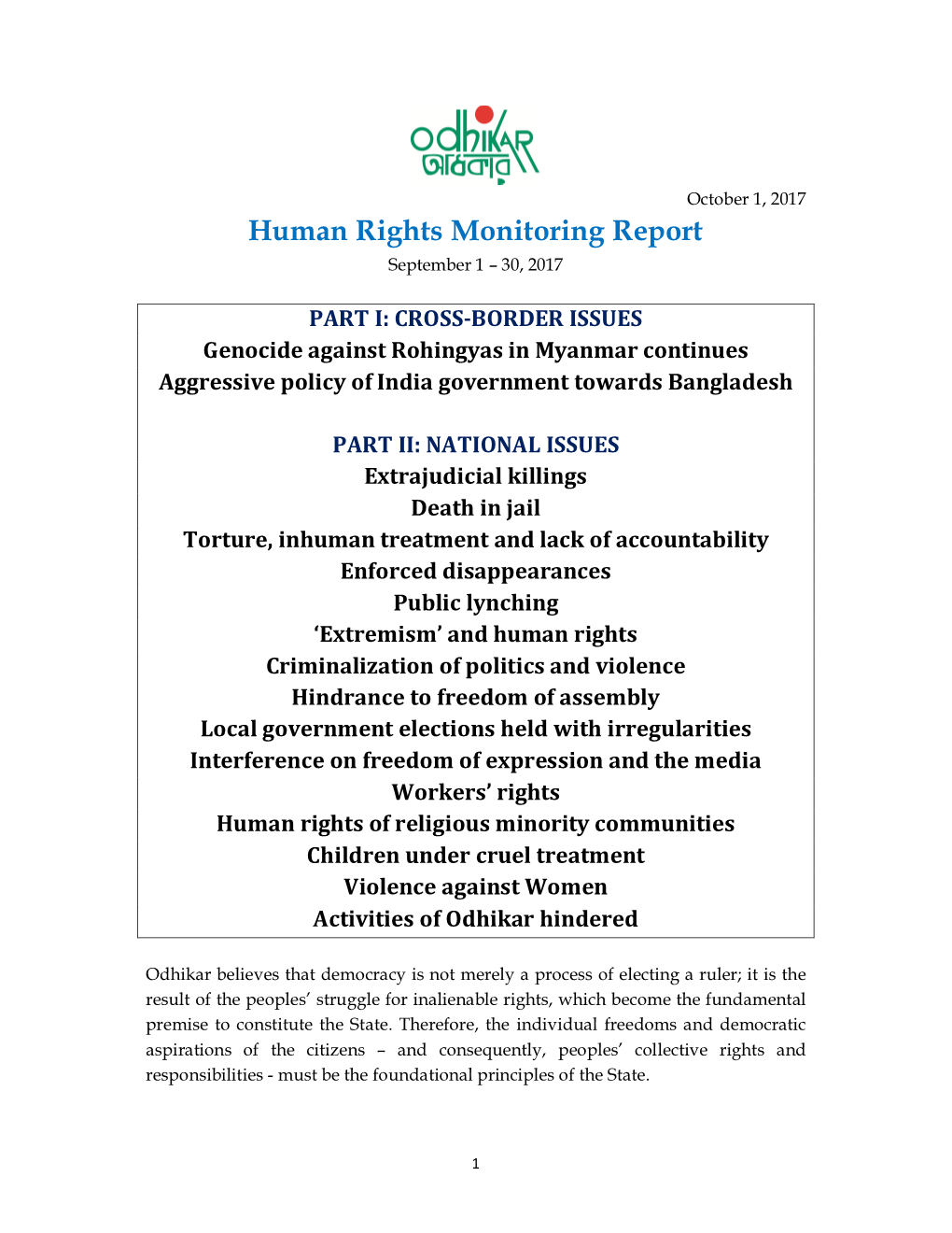 Human Rights Monitoring Report September 1 – 30, 2017