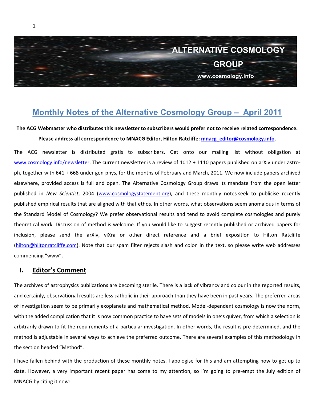 Monthly Notes of the Alternative Cosmology Group – April 2011