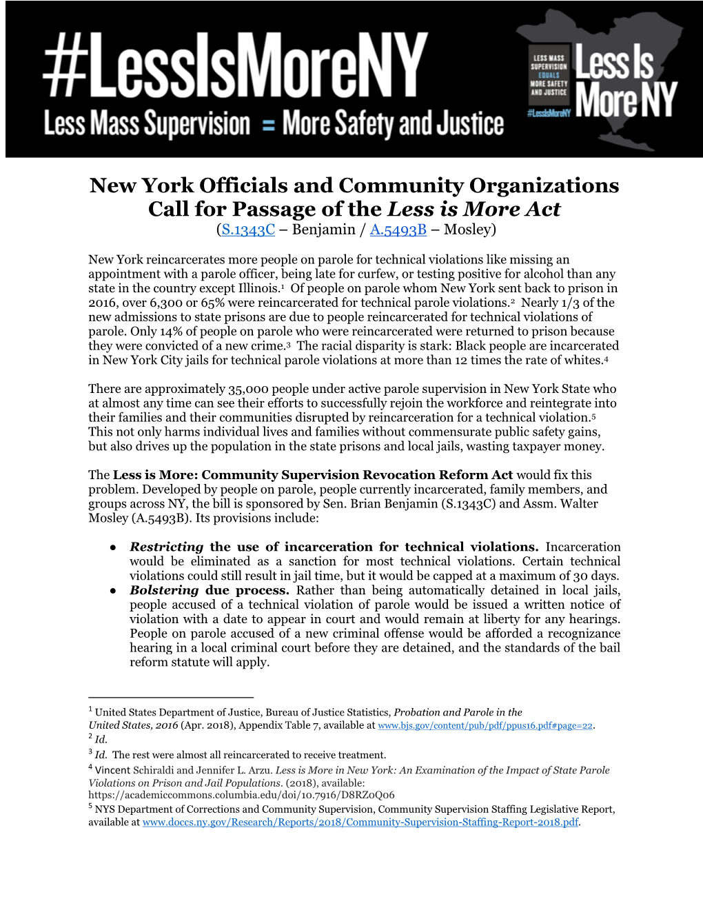 New York Officials and Community Organizations Call for Passage of the Less Is More Act (S.1343C – Benjamin / A.5493B – Mosley)