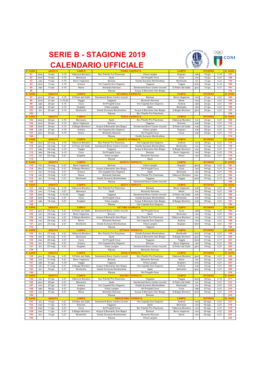 Serie B - Stagione 2019 Calendario Ufficiale N