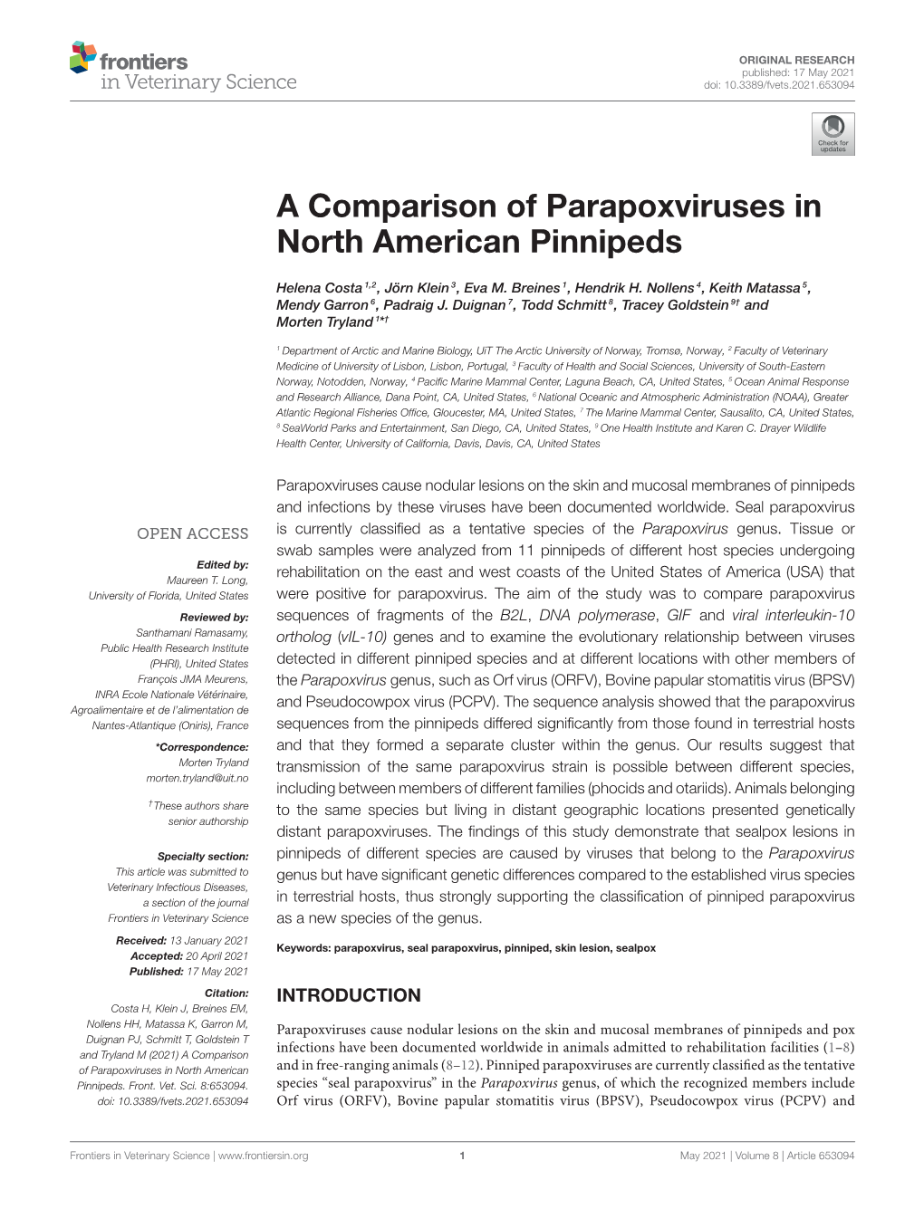 A Comparison of Parapoxviruses in North American Pinnipeds