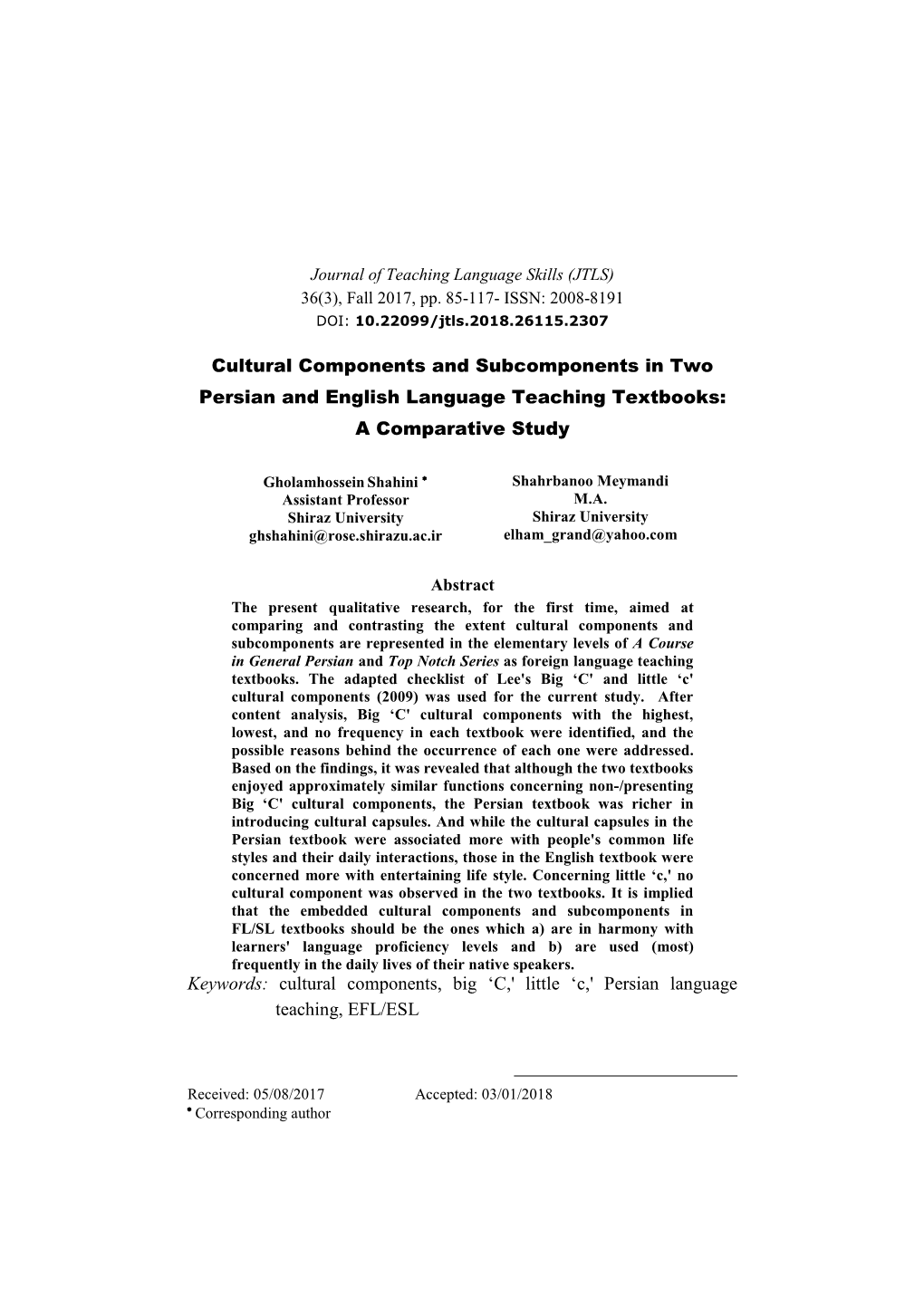 Cultural Components and Subcomponents in Two Persian and English Language Teaching Textbooks: a Comparative Study
