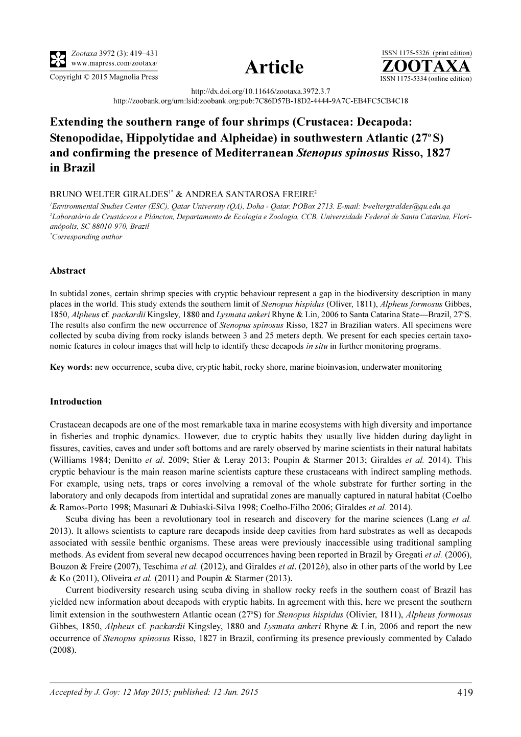 Crustacea: Decapoda: Stenopodidae, Hippolytidae and Alpheidae