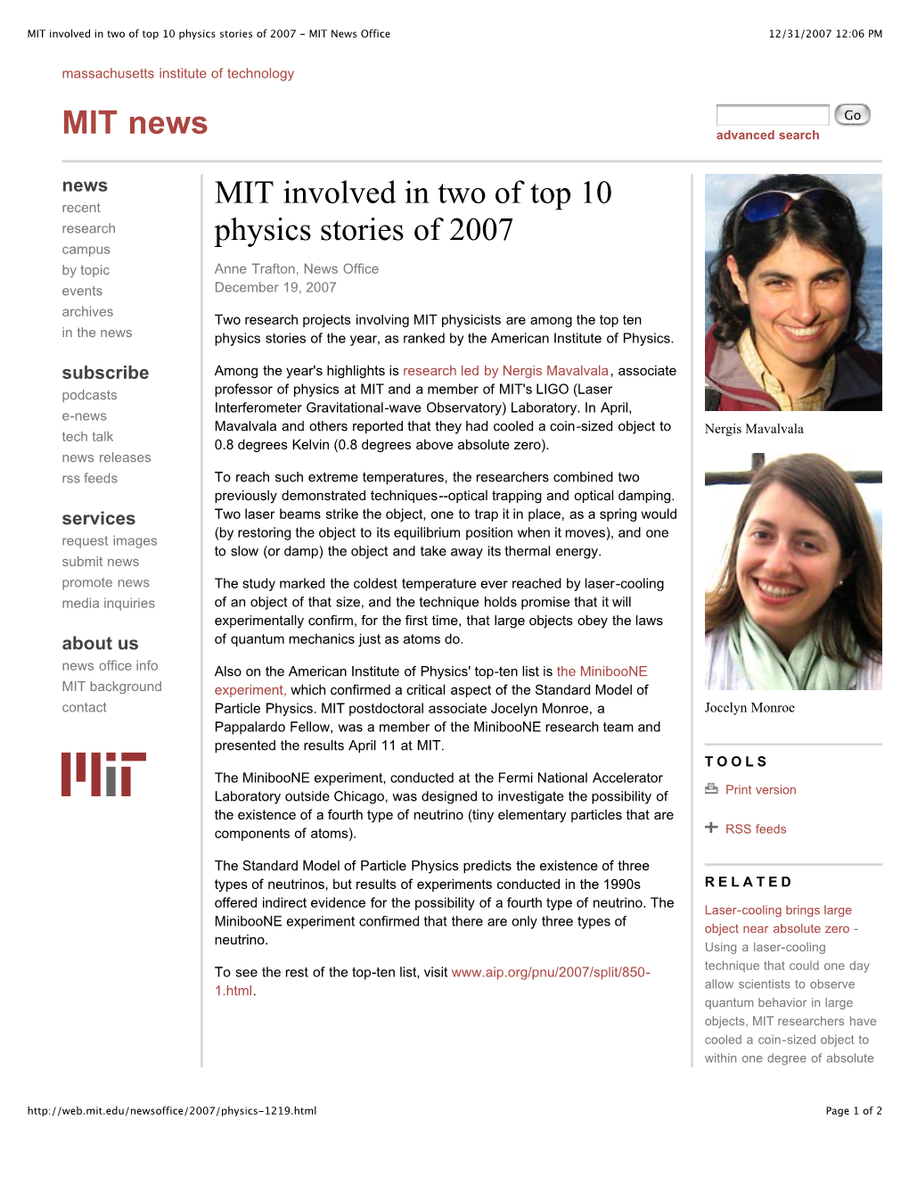 MIT Involved in Two of Top 10 Physics Stories of 2007 - MIT News Office 12/31/2007 12:06 PM