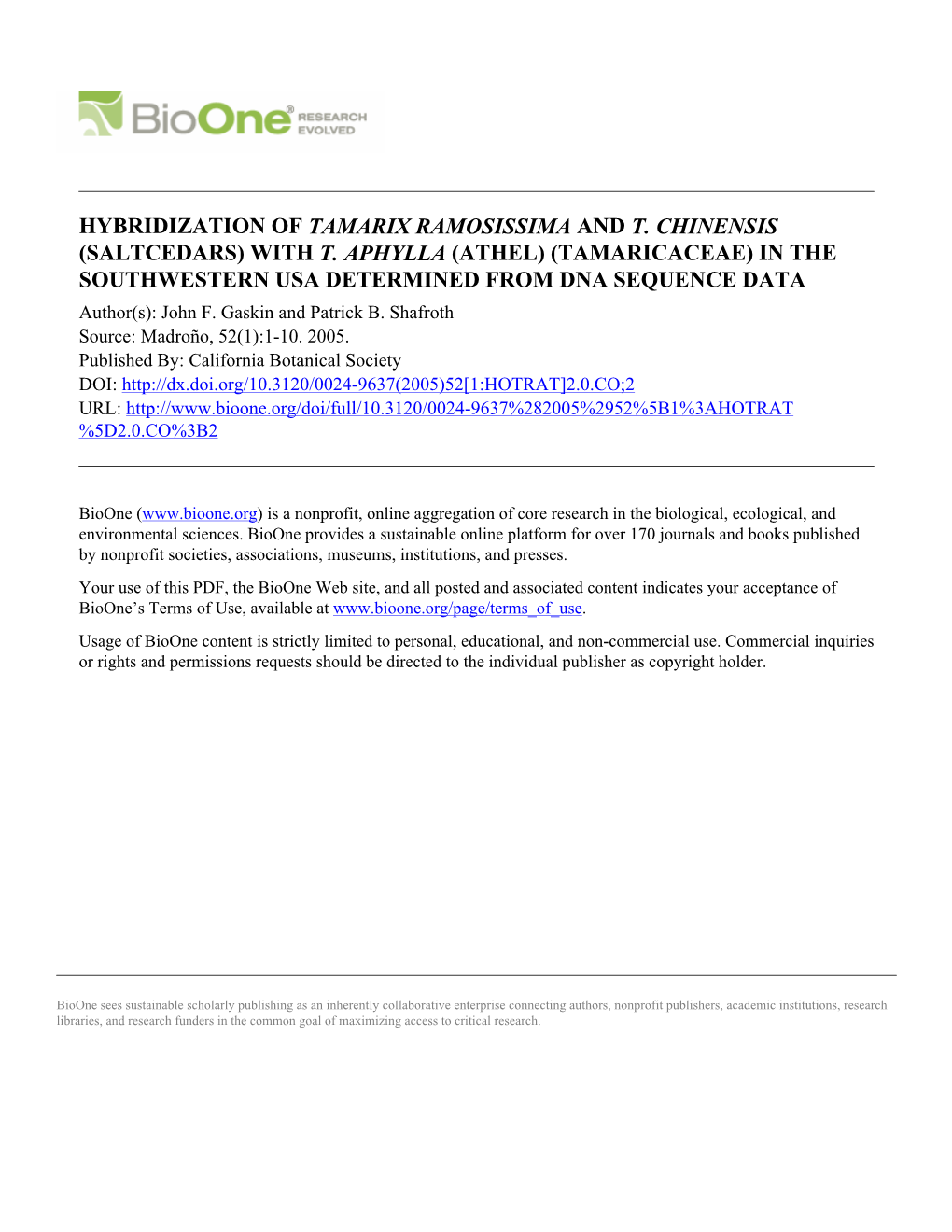 Hybridization of Tamarix Ramosissima and T. Chinensis (Saltcedars) with T. Aphylla (Athel) (Tamaricaceae) in the Southwestern Us