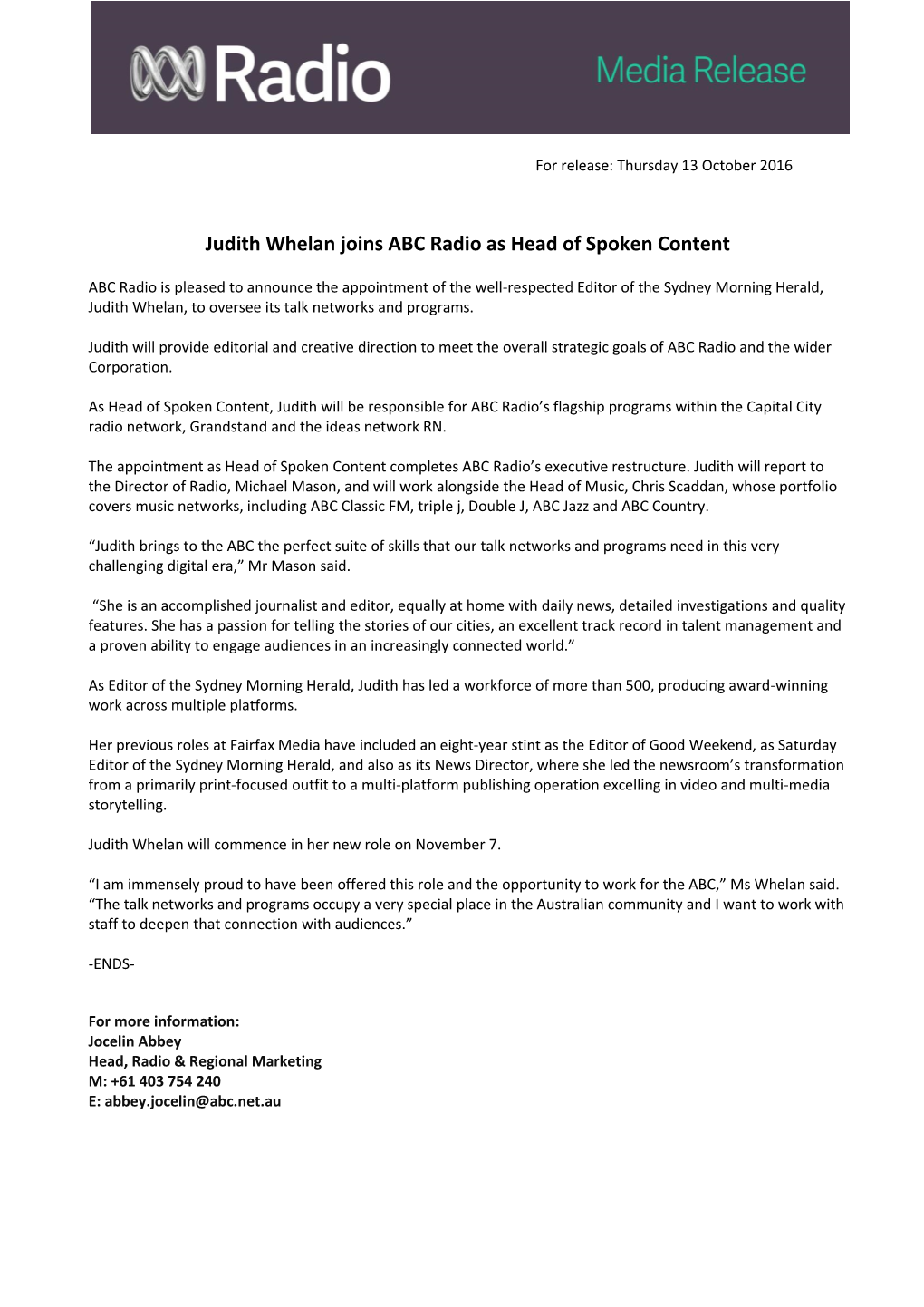 Judith Whelan Joins ABC Radio As Head of Spoken Content