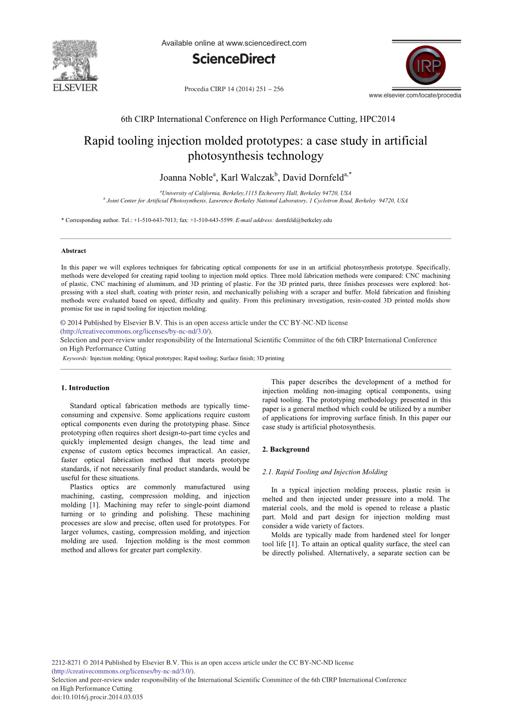 Rapid Tooling Injection Molded Prototypes: a Case Study in Artificial Photosynthesis Technology