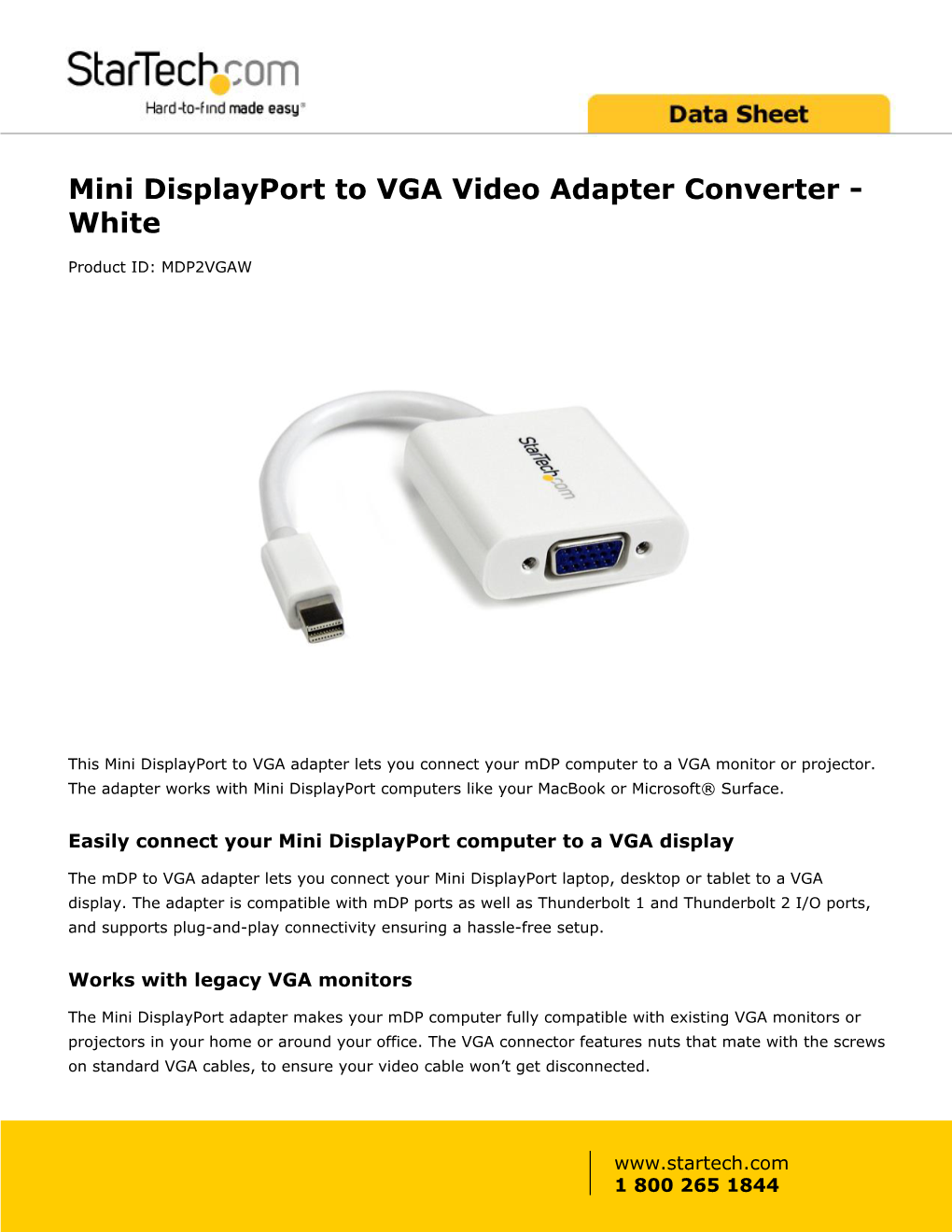 Mini Displayport to VGA Video Adapter Converter - White
