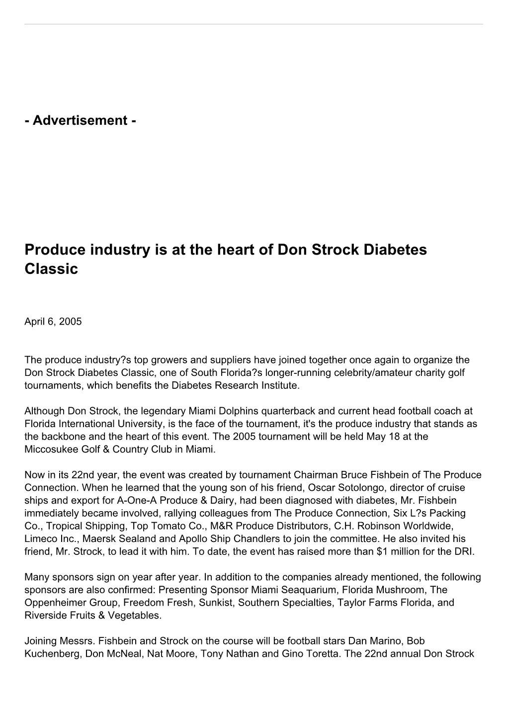 Produce Industry Is at the Heart of Don Strock Diabetes Classic