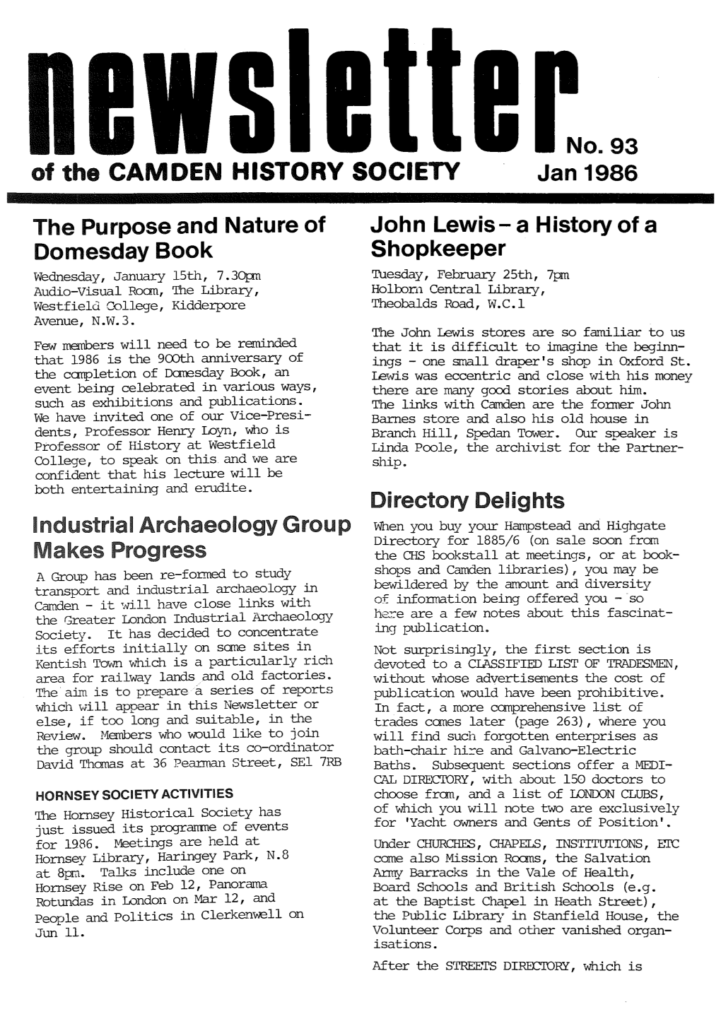 Of the CAMDEN HISTORY SOCIETY No. 94 Mar 1986 Walking The