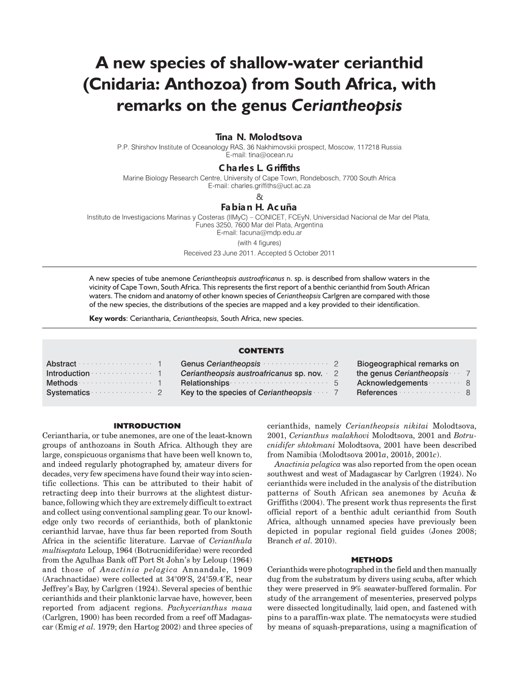 A New Species of Shallow-Water Cerianthid (Cnidaria: Anthozoa) from South Africa, with Remarks on the Genus Ceriantheopsis