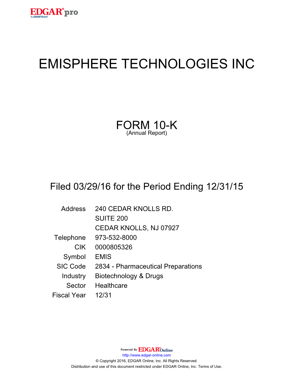 Emisphere Technologies Inc