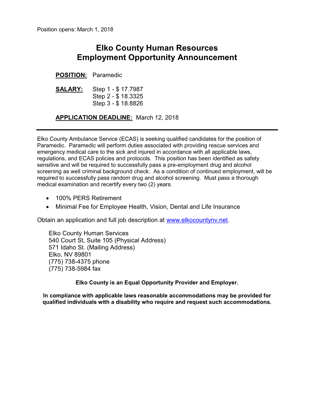 Elko County Human Resources Employment Opportunity Announcement
