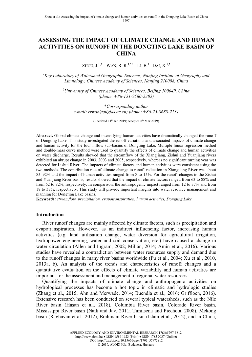 ZHOU, J. – WAN, R. R. – LI, B. –DAI, X.: Assessing the Impact of Climate Change and Human