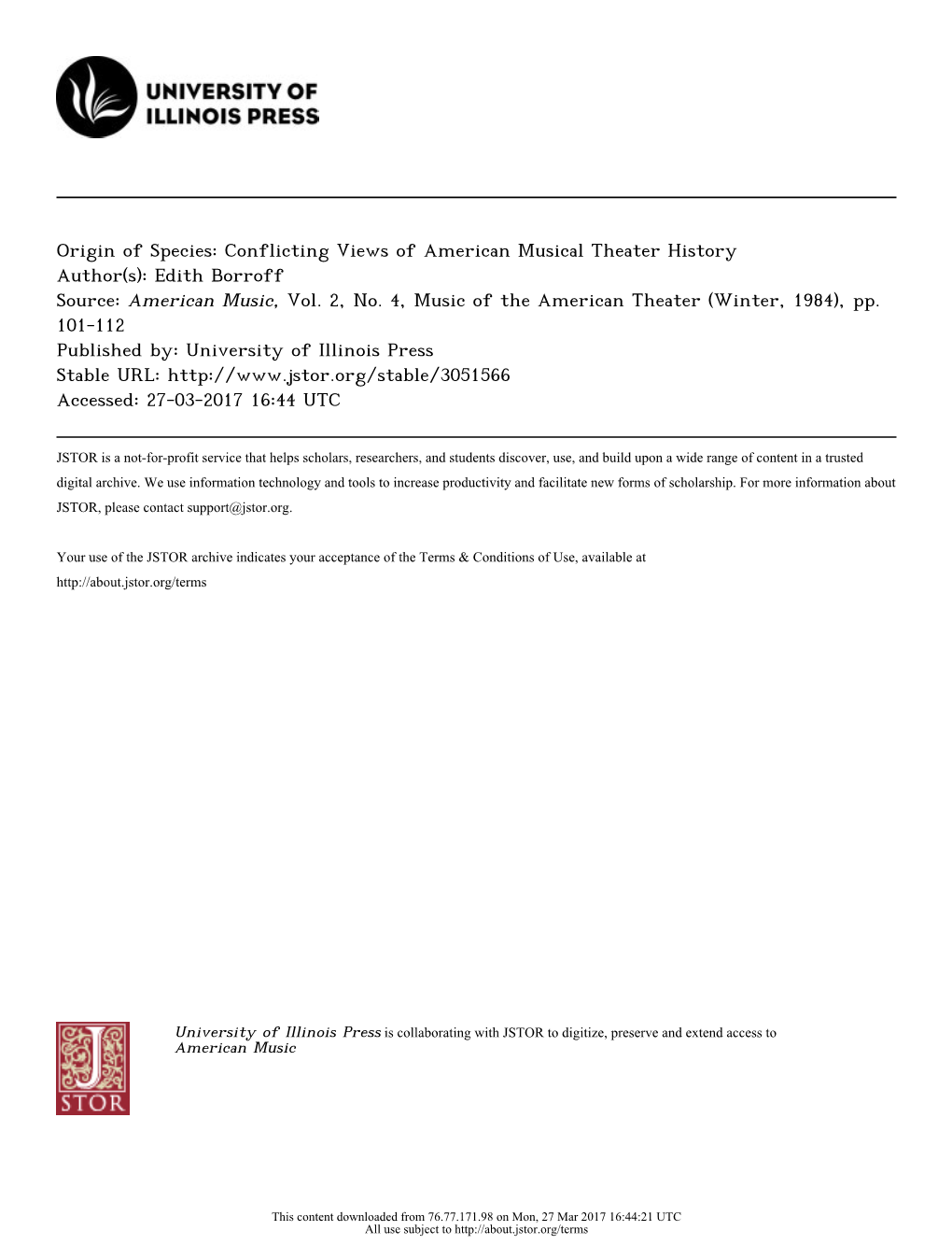 Origin of Species: Conflicting Views of American Musical Theater History Author(S): Edith Borroff Source: American Music, Vol