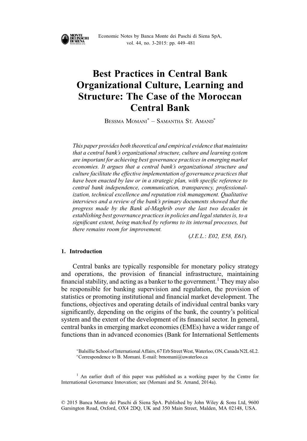 Best Practices in Central Bank Organizational Culture, Learning and Structure: the Case of the Moroccan Central Bank