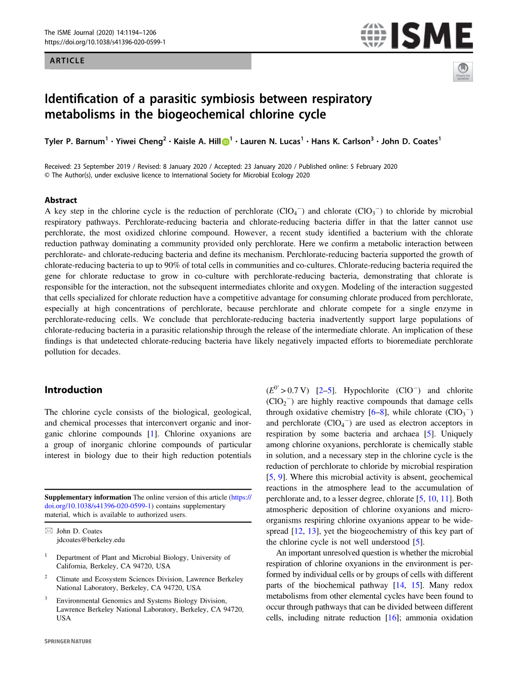 Identification of a Parasitic Symbiosis Between Respiratory Metabolisms In