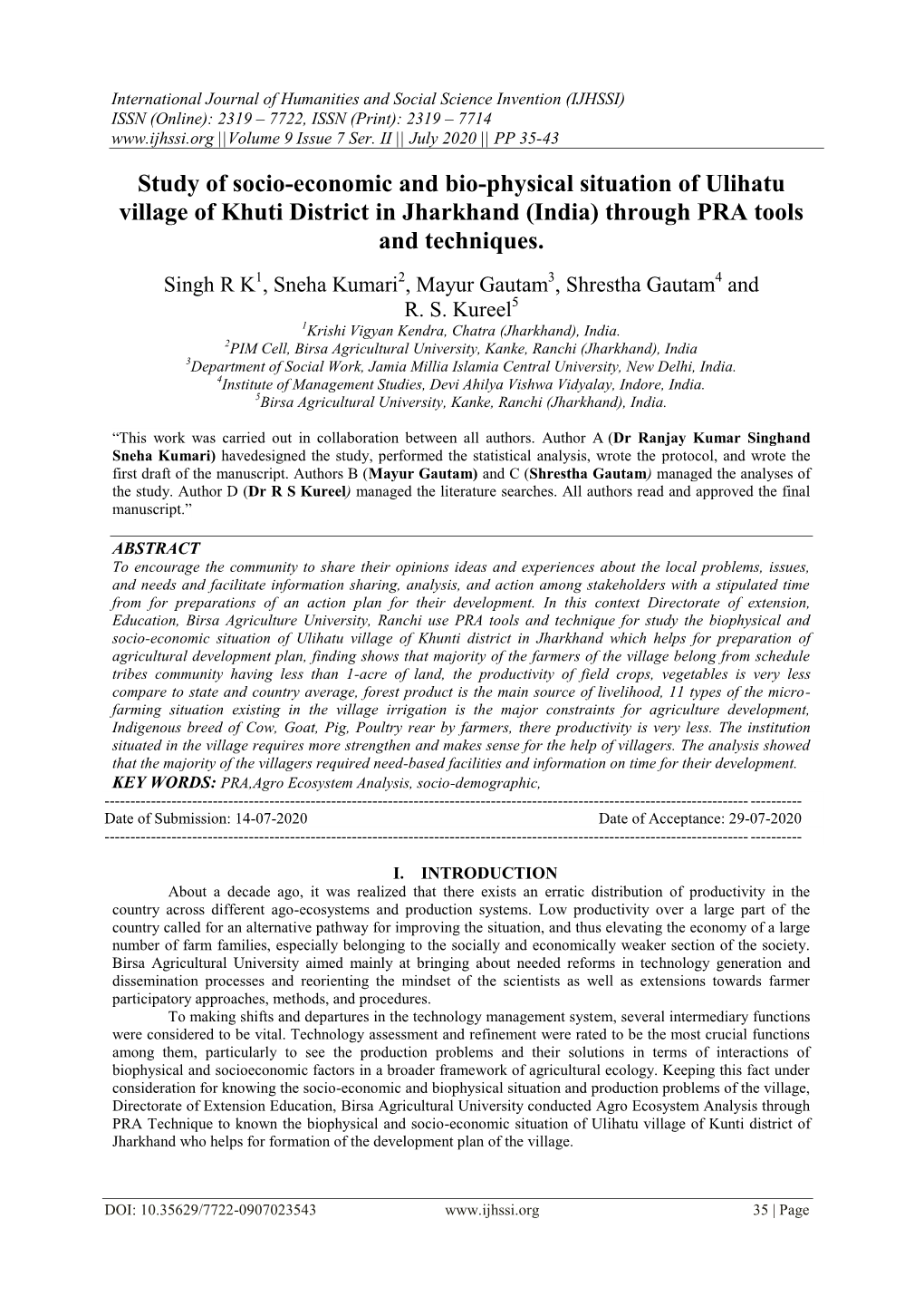 Study of Socio-Economic and Bio-Physical Situation of Ulihatu Village of Khuti District in Jharkhand (India) Through PRA Tools and Techniques