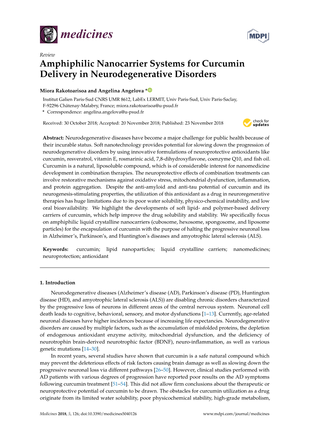 Amphiphilic Nanocarrier Systems for Curcumin Delivery in Neurodegenerative Disorders