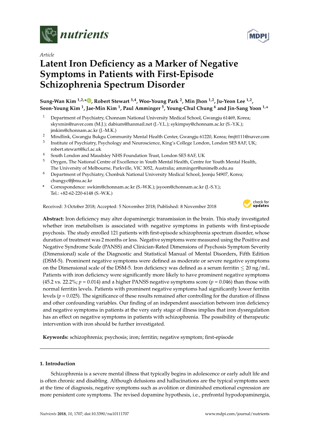 Latent Iron Deficiency As a Marker of Negative Symptoms in Patients with First-Episode Schizophrenia Spectrum Disorder