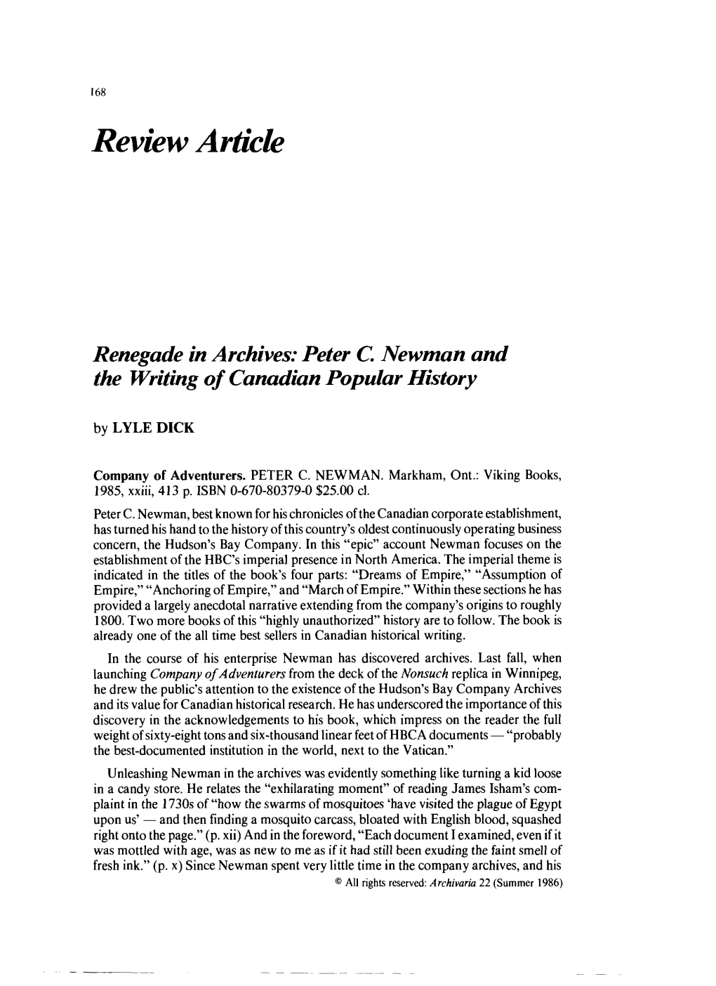 Review Article Renegade in Archives: Peter C Newman And