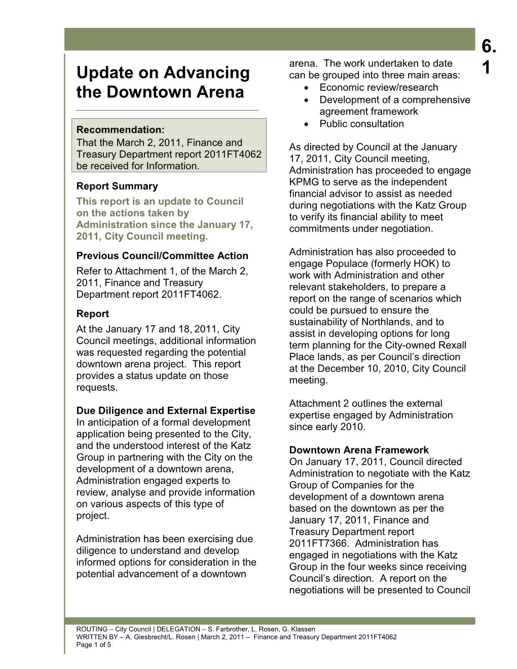 Update on Advancing the Downtown Arena at the April 6, 2011, City Council Council