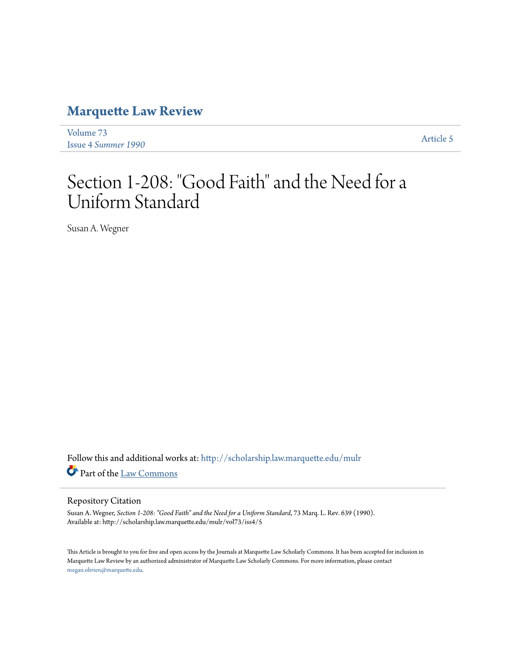 Section 1-208: "Good Faith" and the Need for a Uniform Standard Susan A