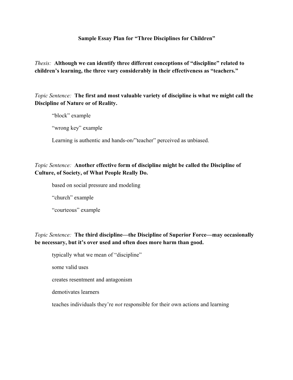 Sample Essay Plan for Three Disciplines for Children