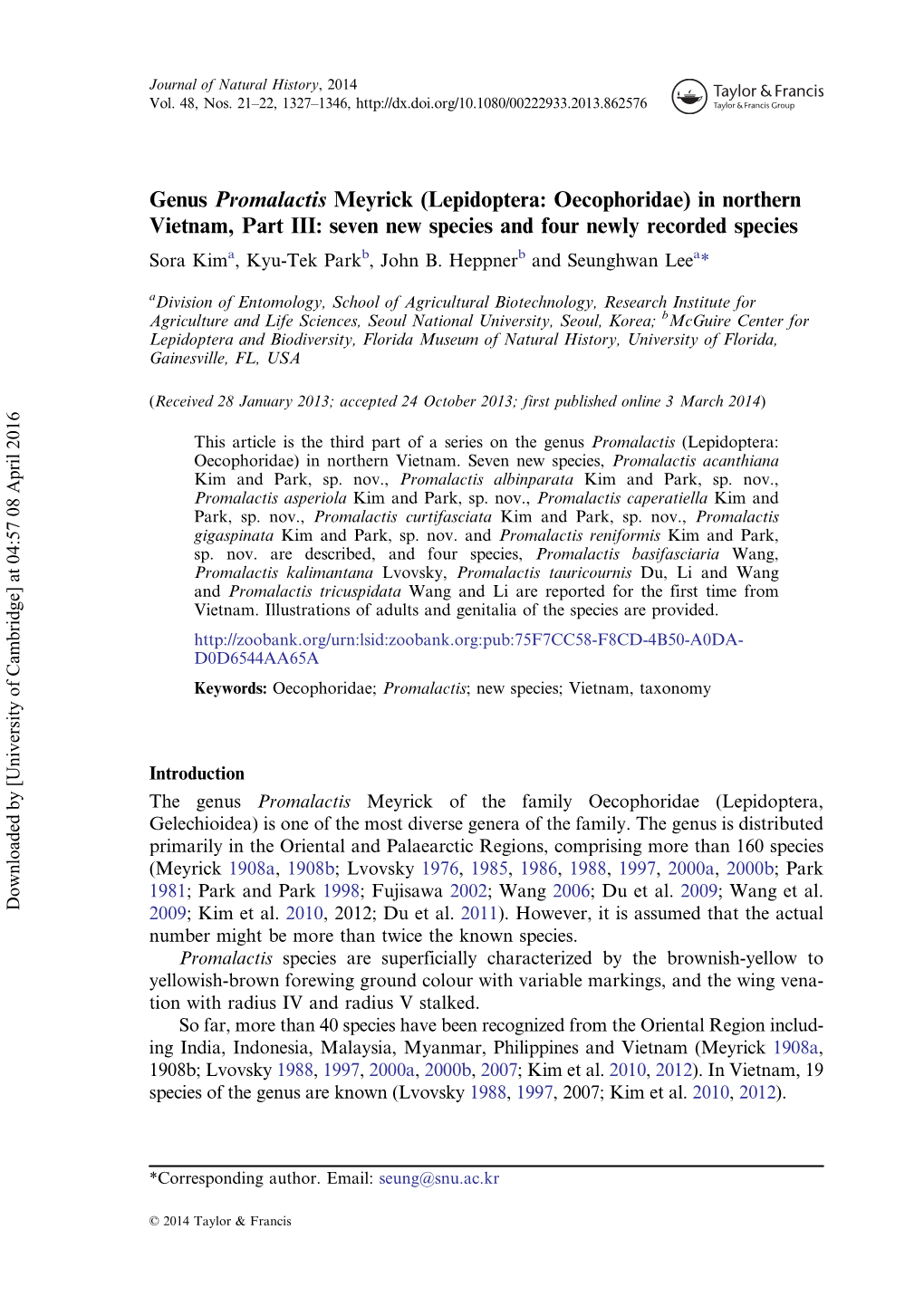 Lepidoptera: Oecophoridae) in Northern Vietnam, Part III: Seven New Species and Four Newly Recorded Species Sora Kima, Kyu-Tek Parkb, John B