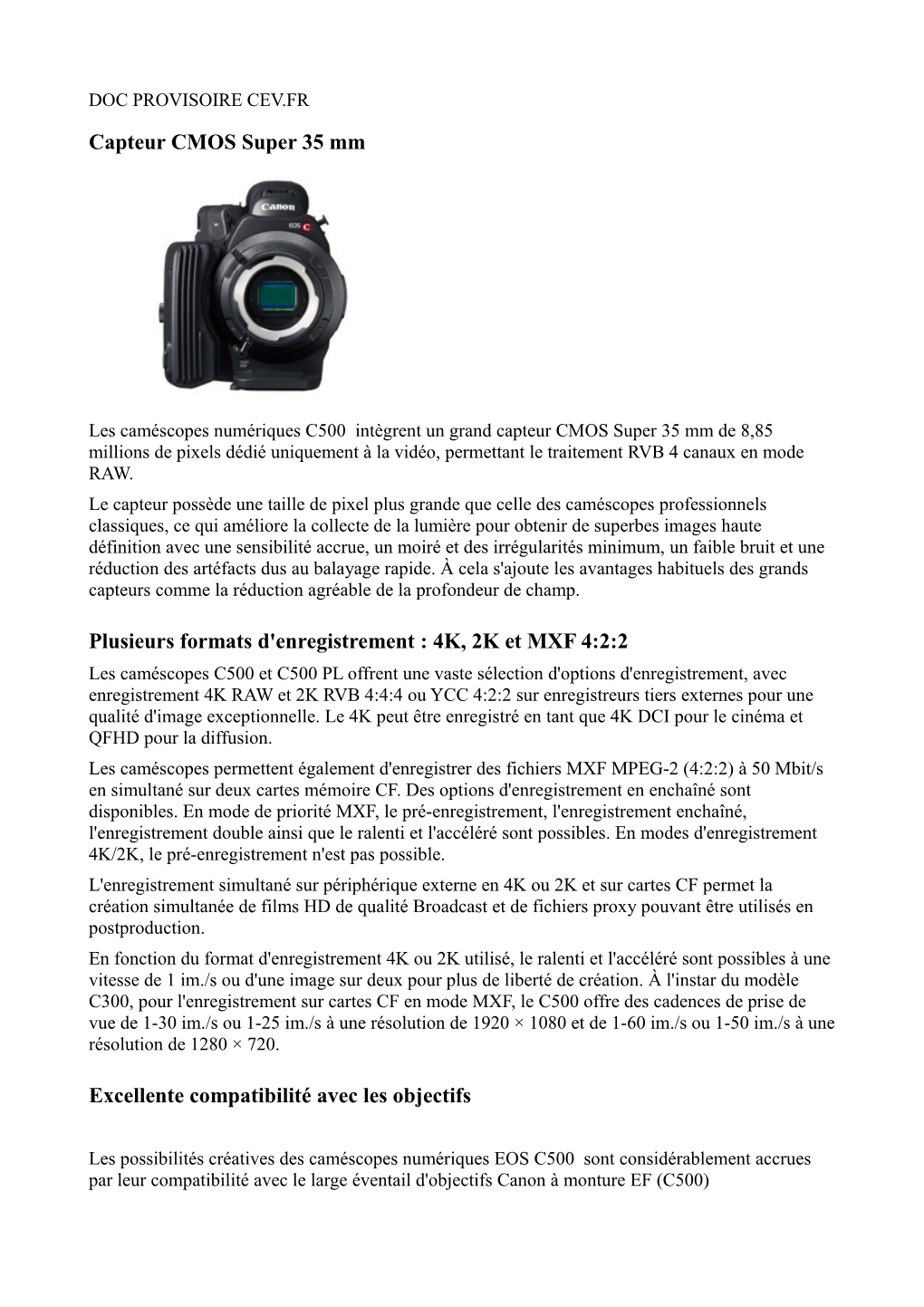 Capteur CMOS Super 35 Mm Plusieurs Formats D'enregistrement