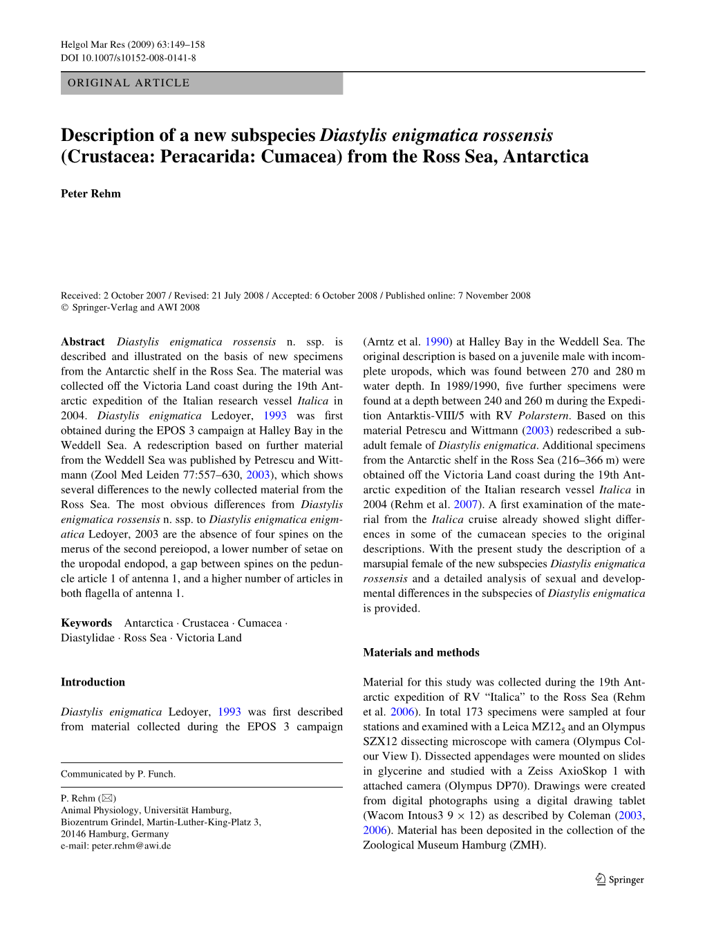 Description of a New Subspecies Diastylis Enigmatica Rossensis (Crustacea: Peracarida: Cumacea) from the Ross Sea, Antarctica