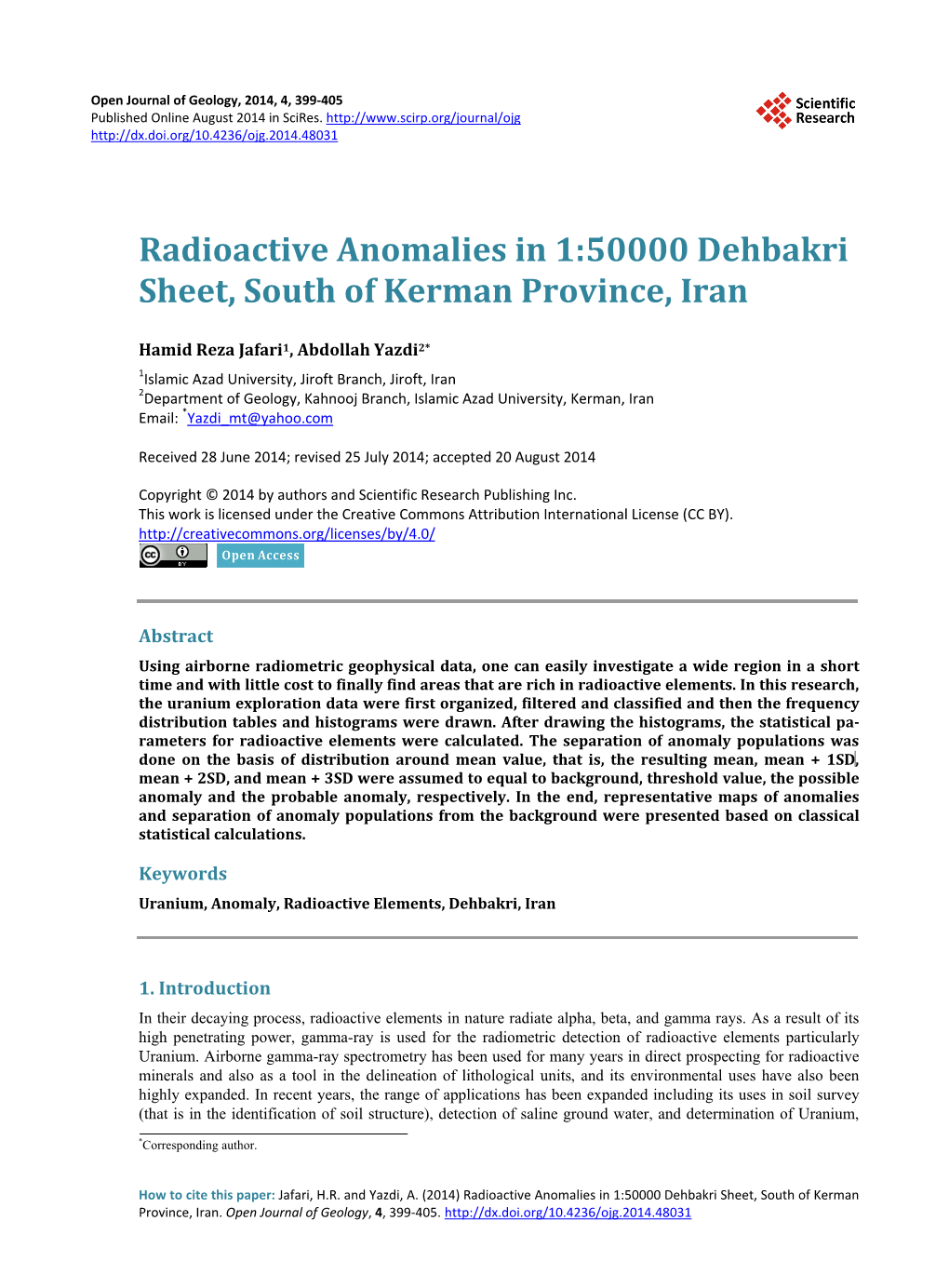Radioactive Anomalies in 1:50000 Dehbakri Sheet, South of Kerman Province, Iran