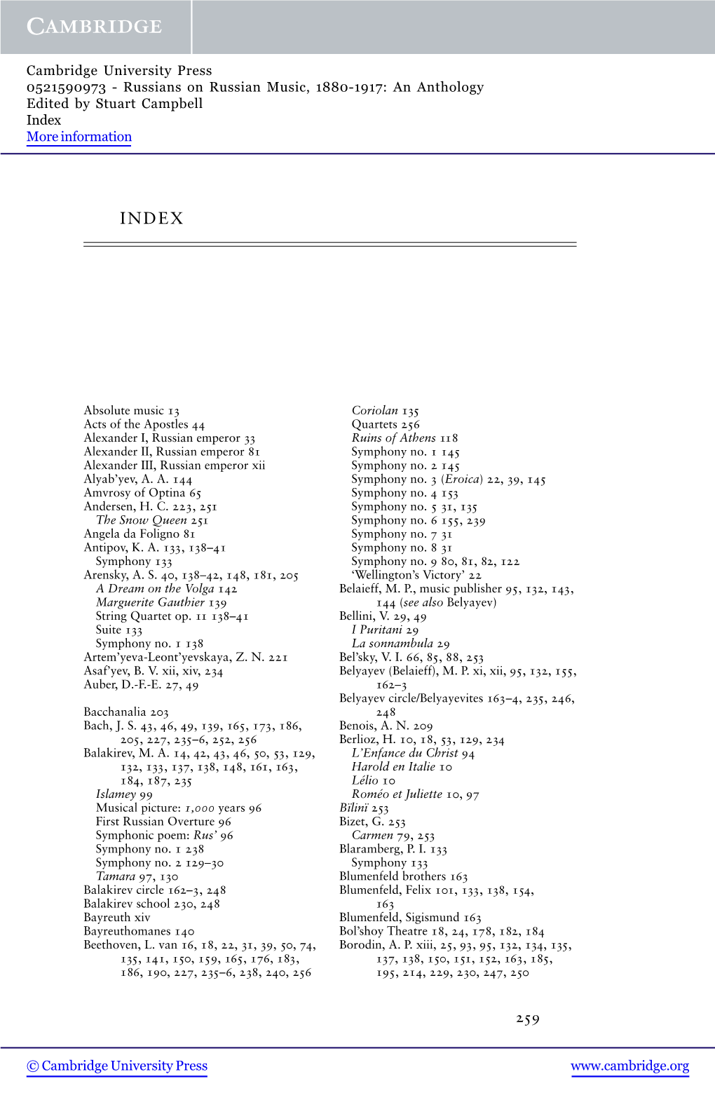 Russians on Russian Music, 1880-1917: an Anthology Edited by Stuart Campbell Index More Information