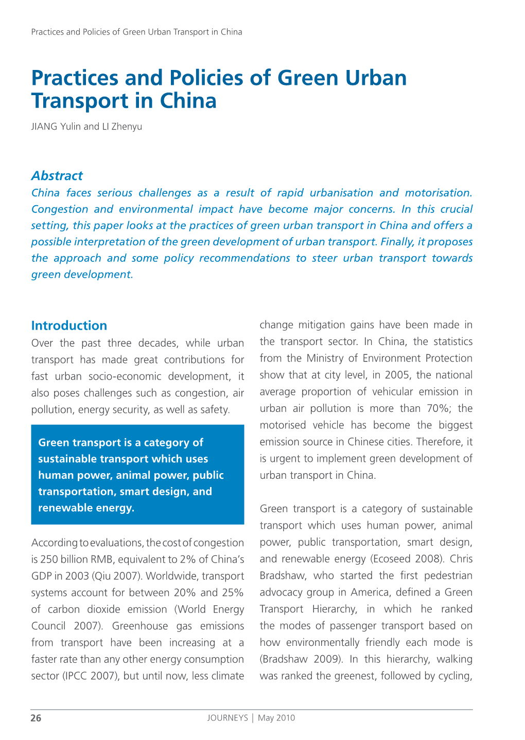 Practices and Policies of Green Urban Transport in China