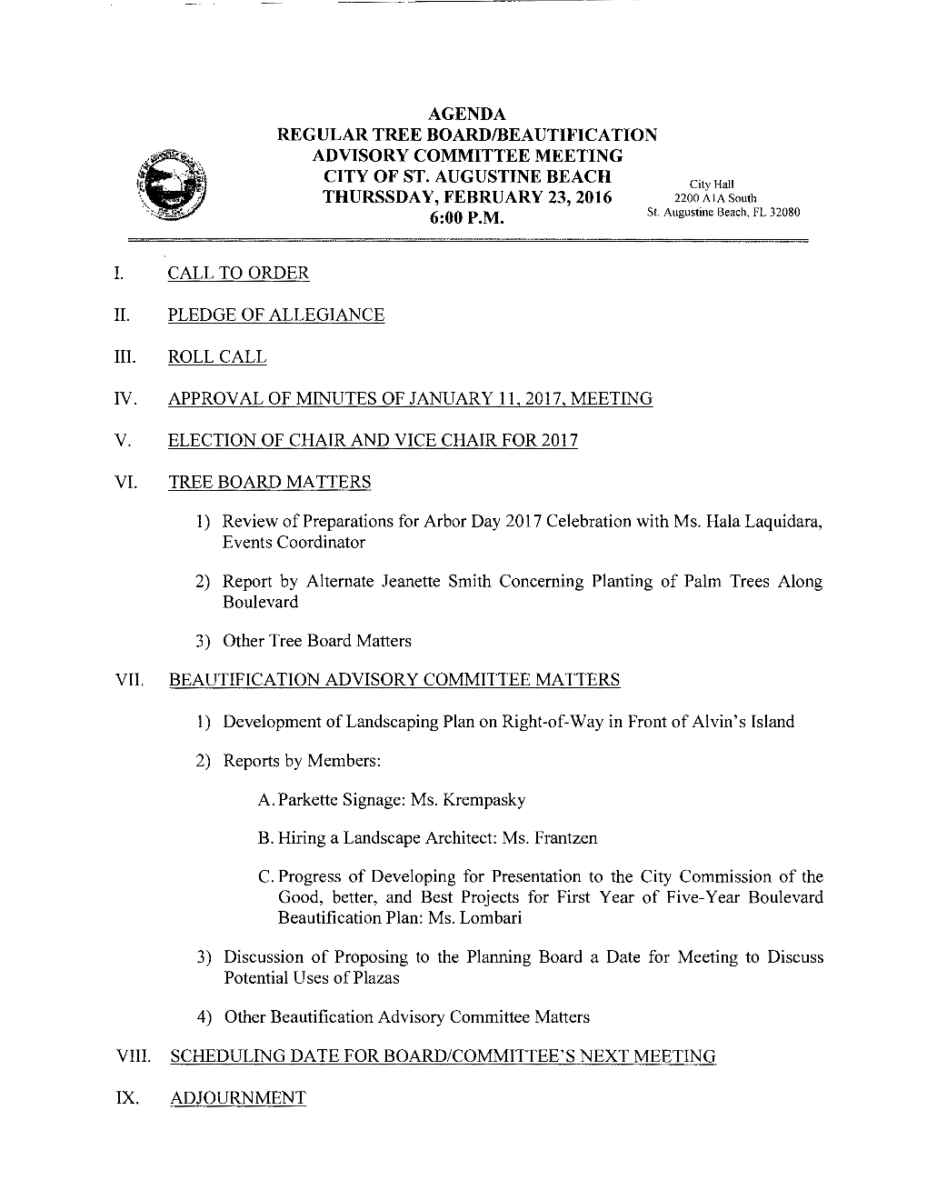 Agenda Regular Tree Board/Beautification Advisory Committee Meeting