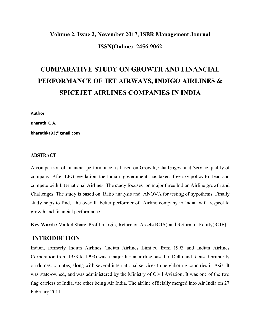 Comparative Study on Growth and Financial Performance of Jet Airways, Indigo Airlines & Spicejet Airlines Companies in India