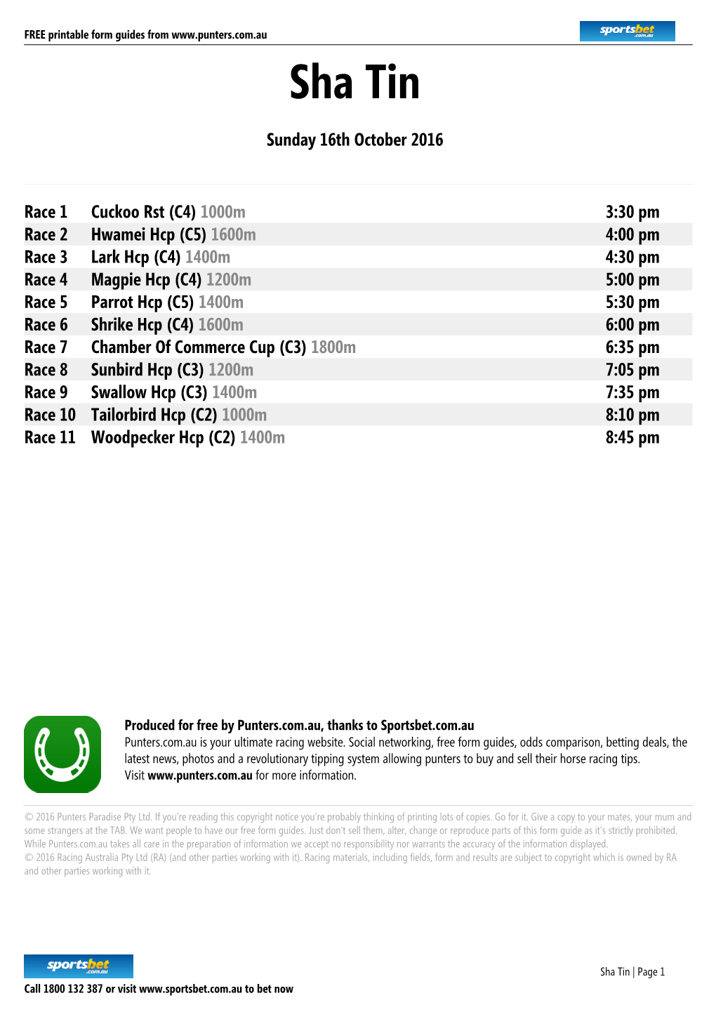 Sha Tin Printable Form Guide