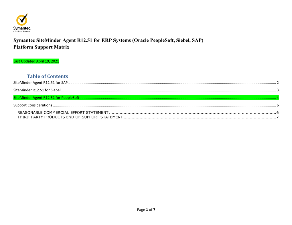 Symantec Siteminder Agent R12.51 for ERP Systems (Oracle Peoplesoft, Siebel, SAP) Platform Support Matrix