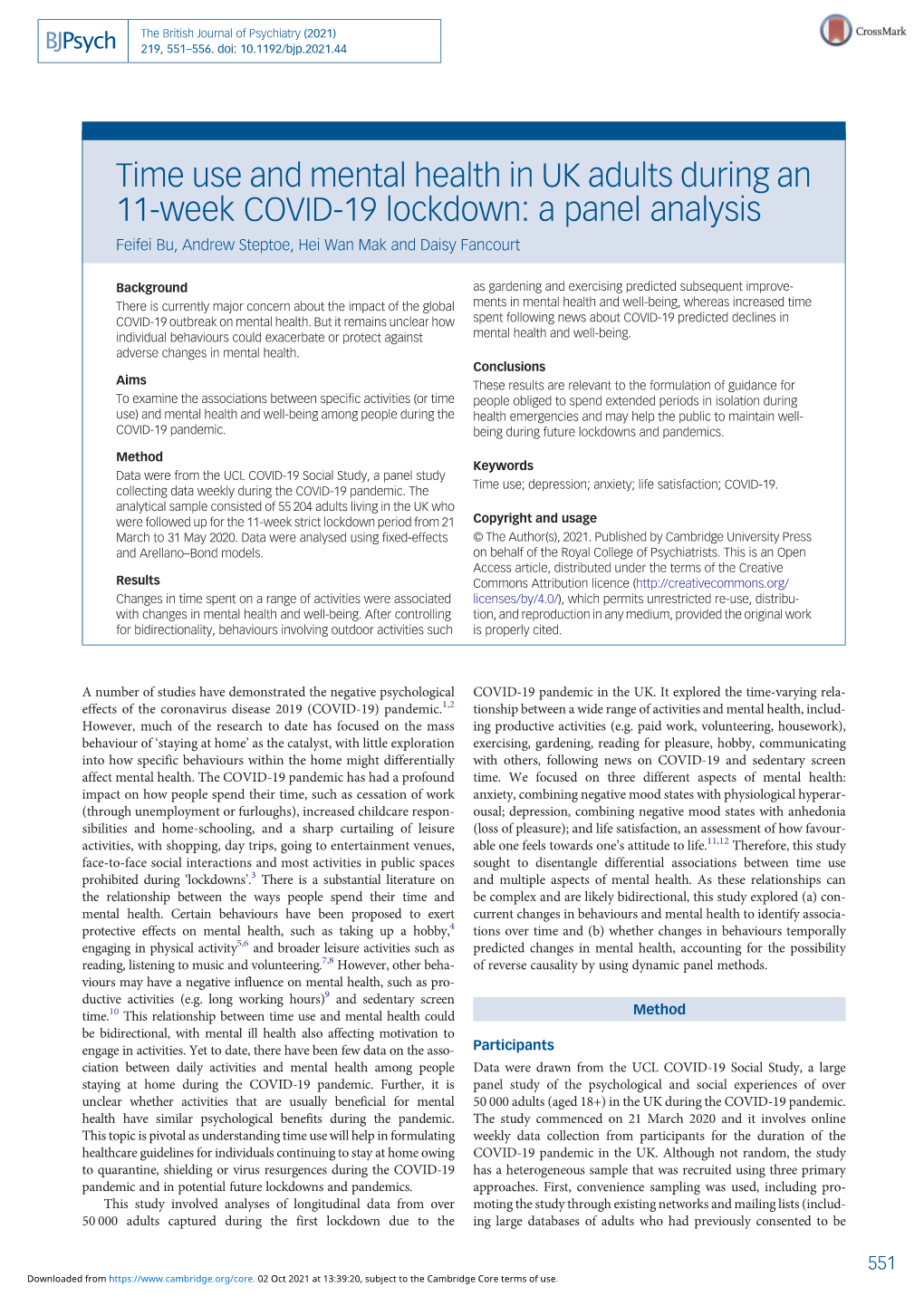 Time Use and Mental Health in UK Adults During an 11-Week COVID-19 Lockdown: a Panel Analysis Feifei Bu, Andrew Steptoe, Hei Wan Mak and Daisy Fancourt