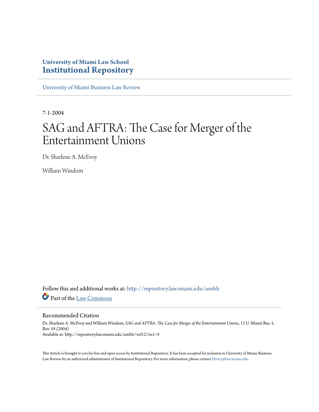 SAG and AFTRA: the Ac Se for Merger of the Entertainment Unions Dr
