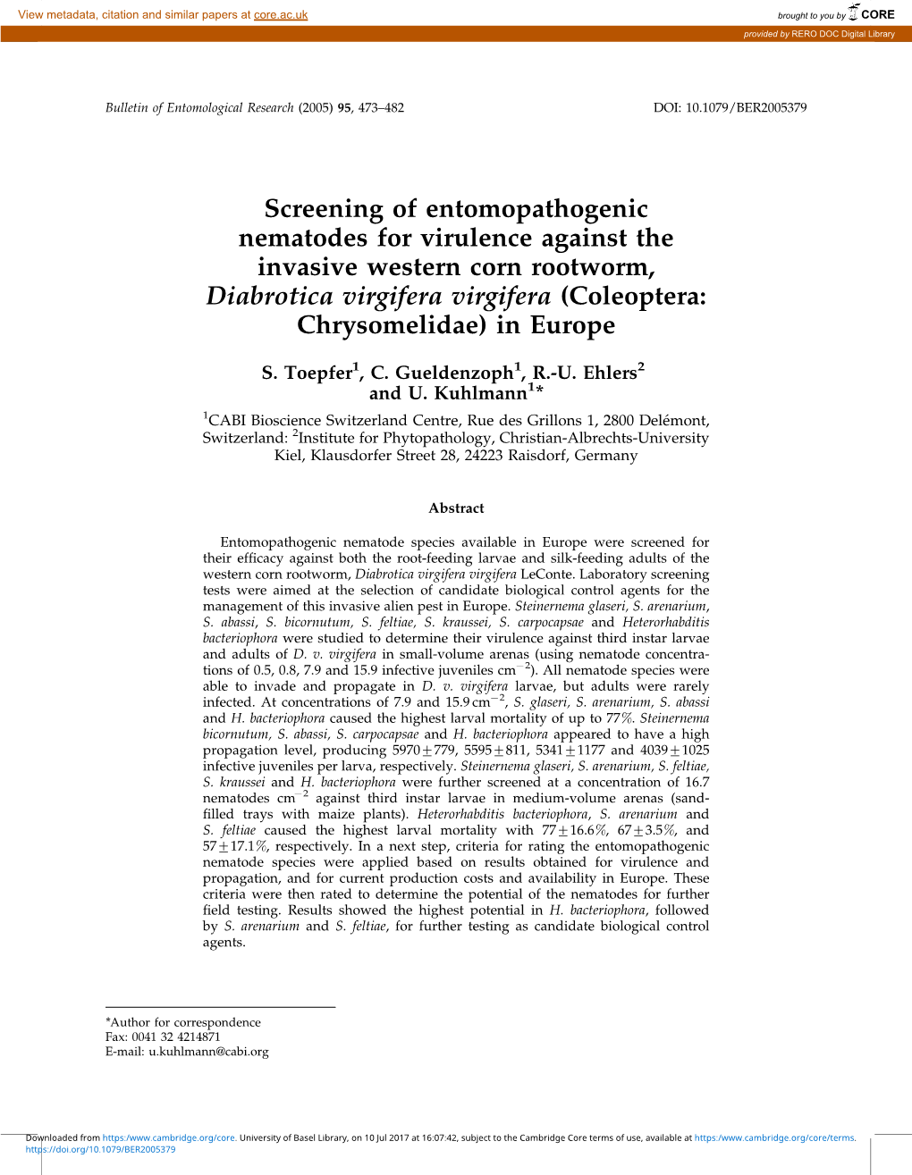 Screening of Entomopathogenic Nematodes for Virulence Against the Invasive Western Corn Rootworm, Diabrotica Virgifera Virgifera (Coleoptera: Chrysomelidae) in Europe