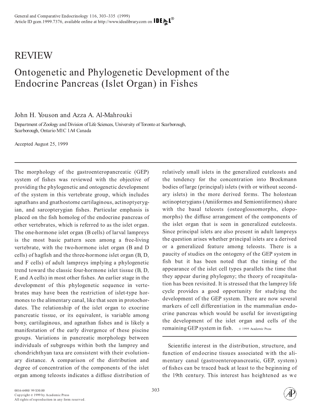 Ontogenetic and Phylogenetic Development of the Endocrine Pancreas (Islet Organ) in Fishes