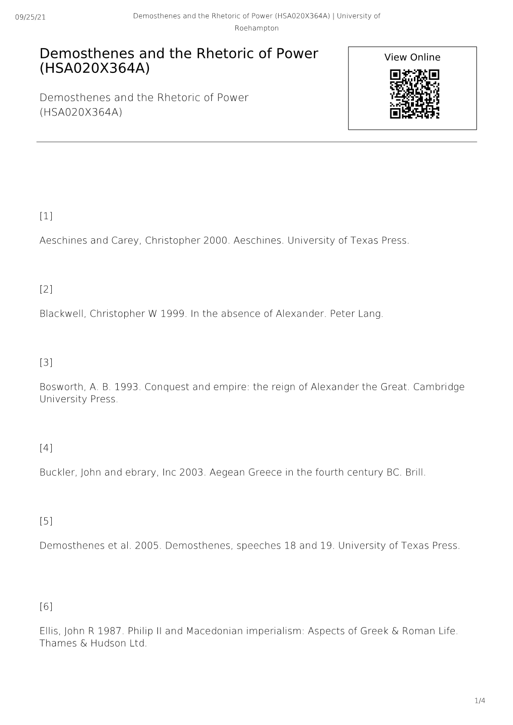 Demosthenes and the Rhetoric of Power (HSA020X364A) | University of Roehampton