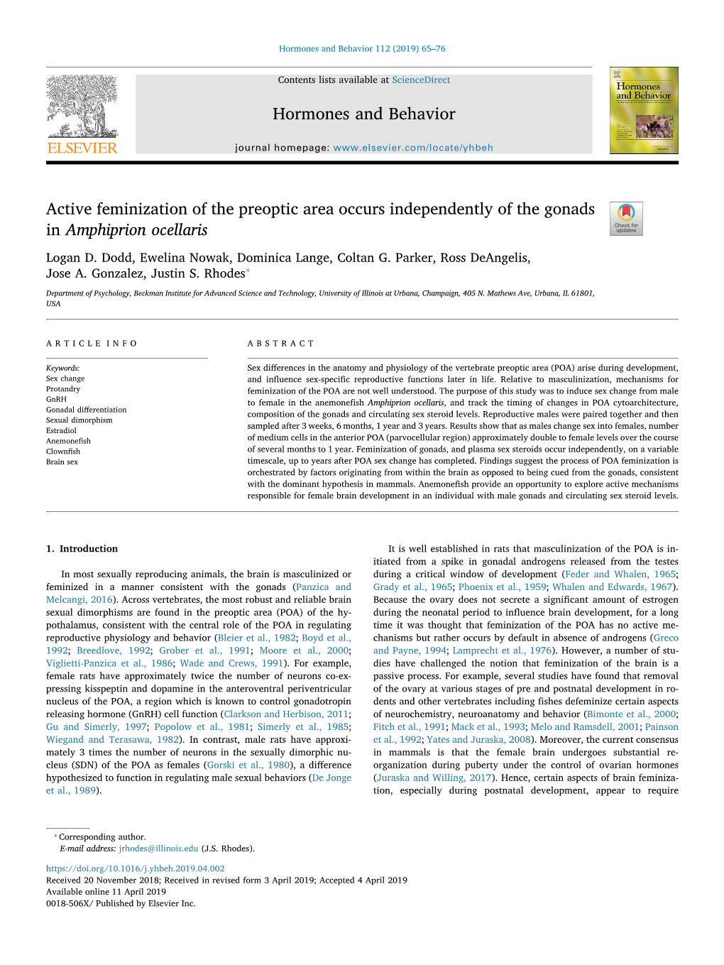 Active Feminization of the Preoptic Area Occurs Independently of the Gonads in Amphiprion Ocellaris T