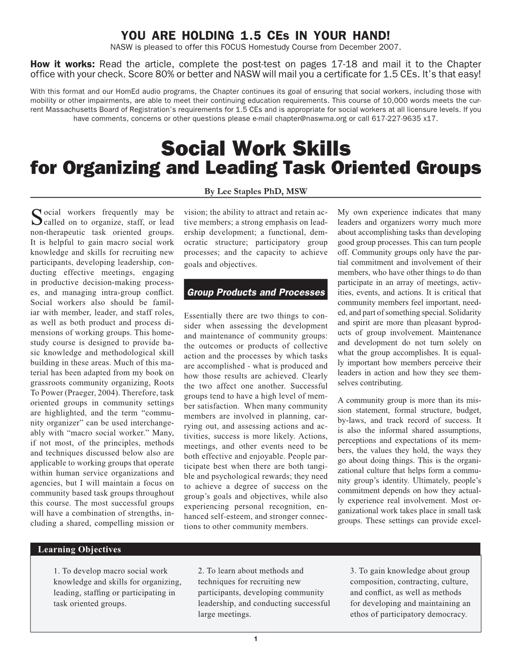 Social Work Skills for Organizing and Leading Task Oriented Groups