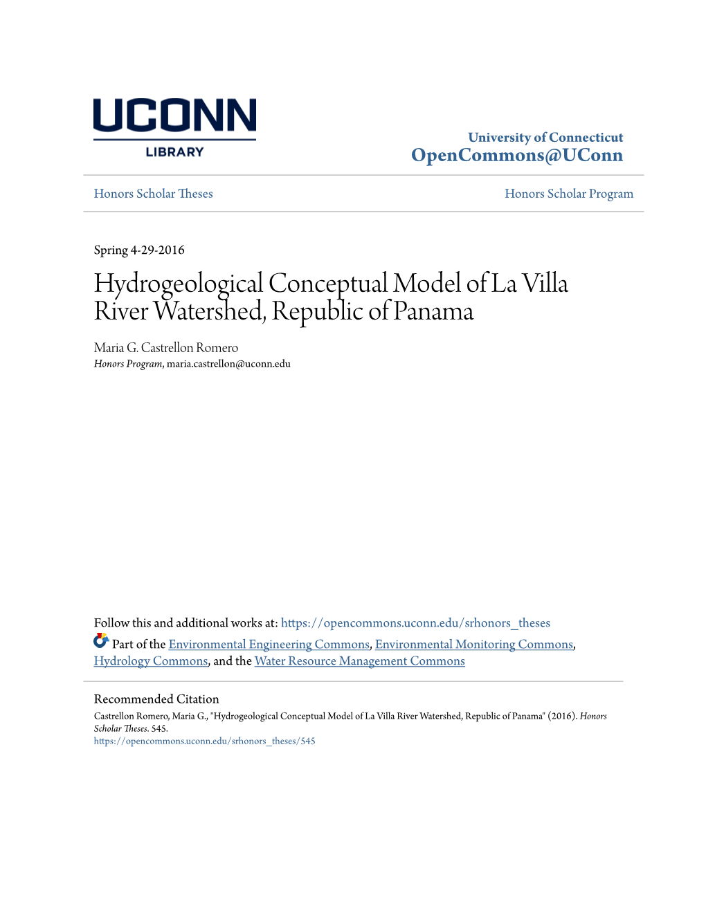 Hydrogeological Conceptual Model of La Villa River Watershed, Republic of Panama Maria G