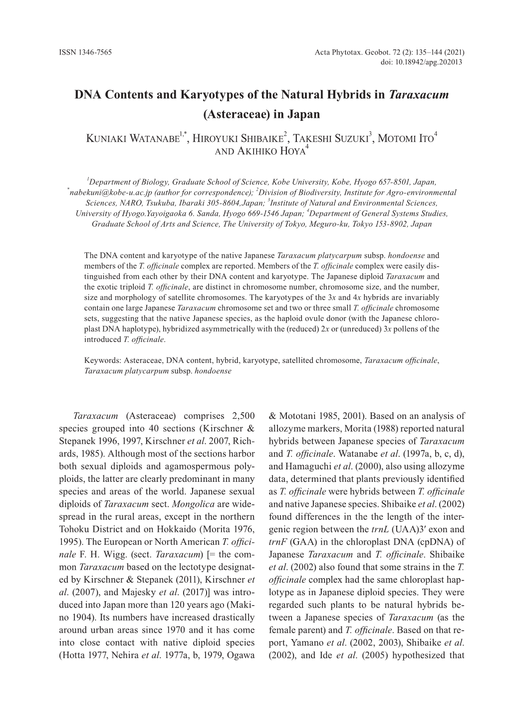 DNA Contents and Karyotypes of the Natural Hybrids in Taraxacum (Asteraceae) in Japan