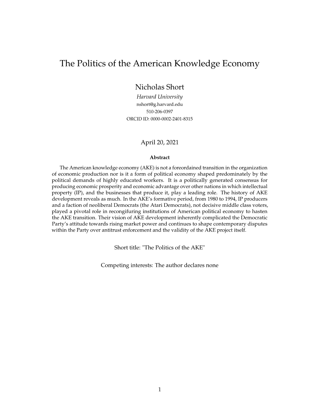 The Politics of the American Knowledge Economy