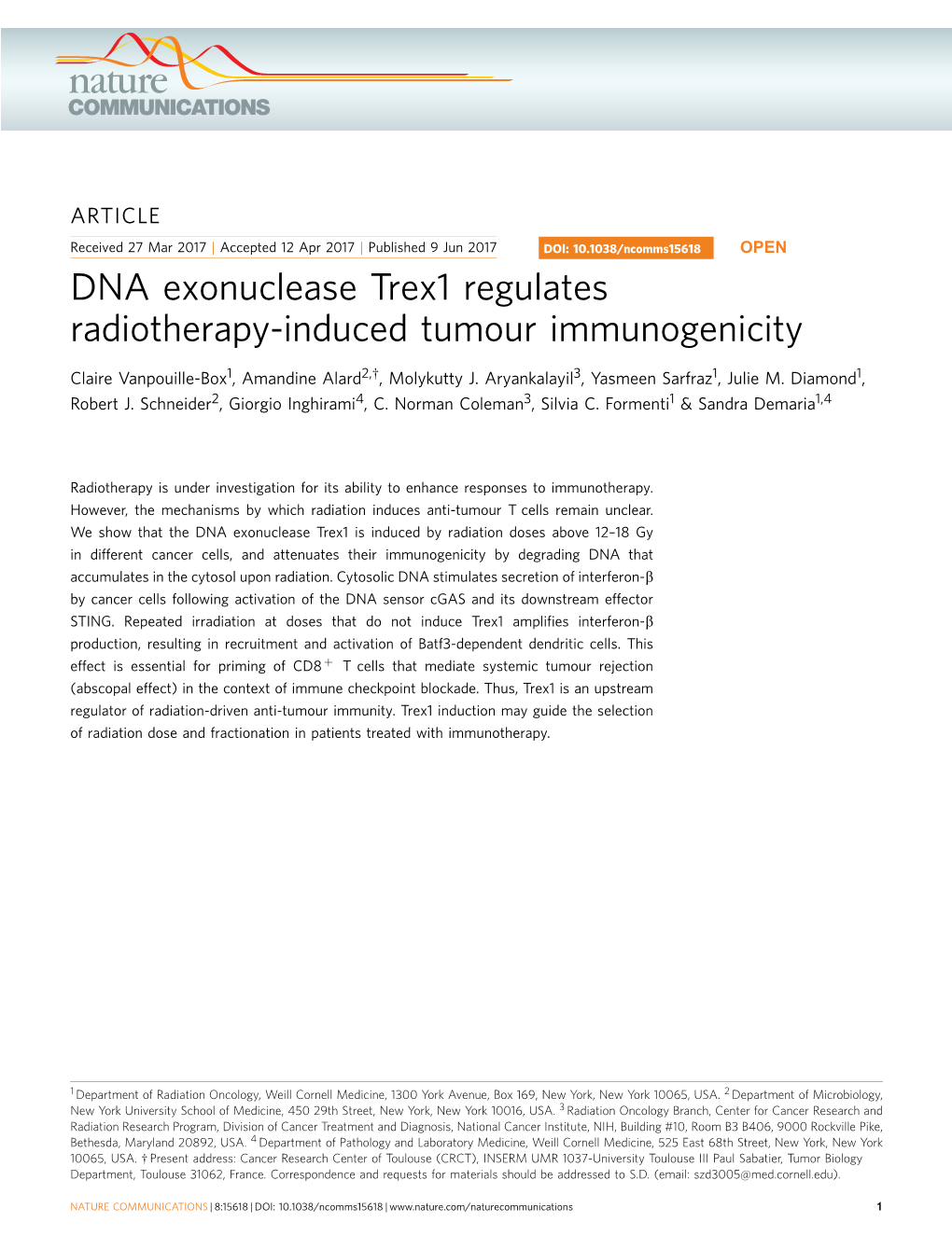 DNA Exonuclease Trex1 Regulates Radiotherapy-Induced Tumour Immunogenicity